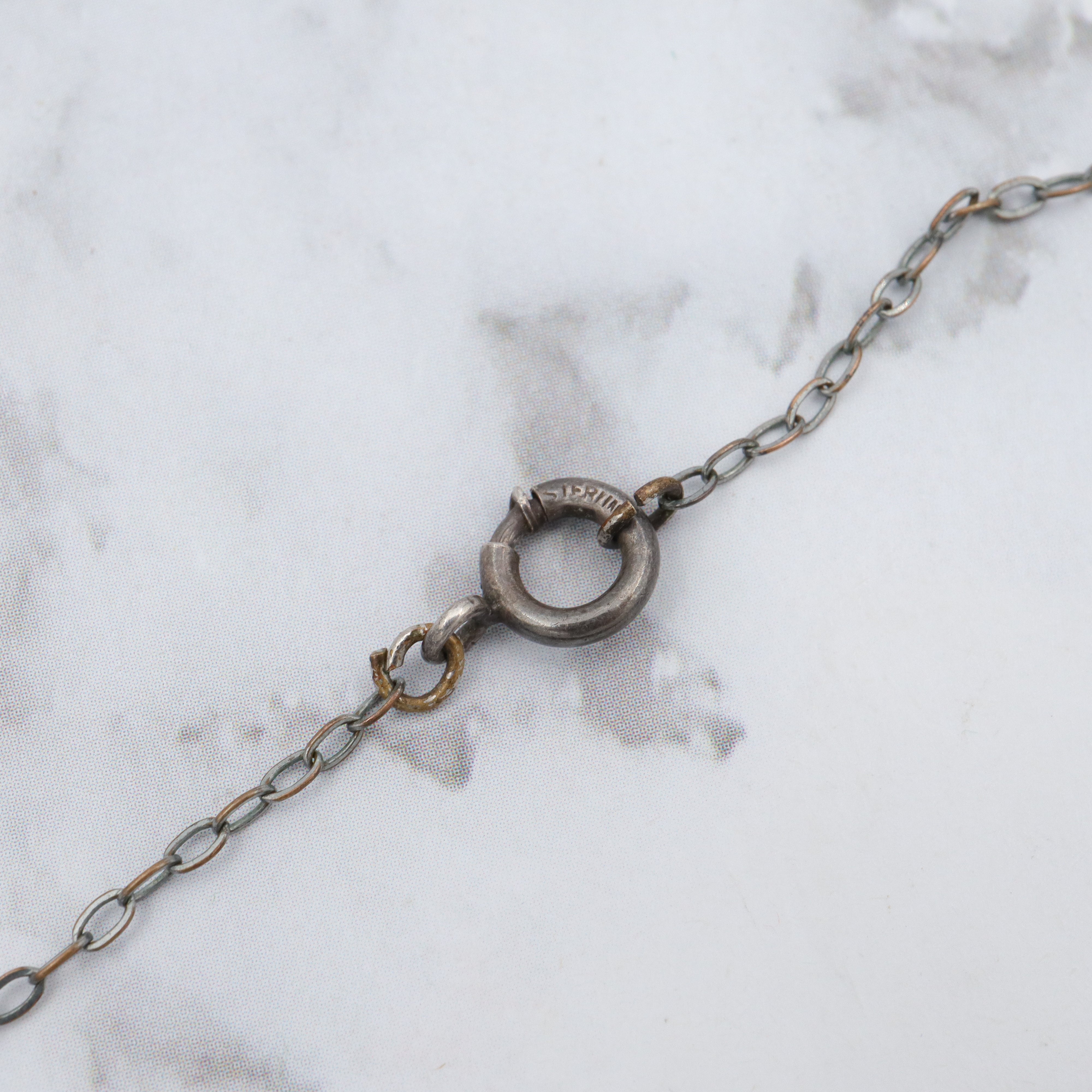 Antique Victorian silver plated brass geometric flower link & faux pearl drop necklace, 15"